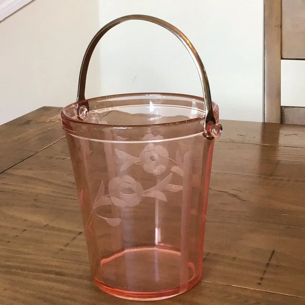 Vintage pink depression glass ice bucket